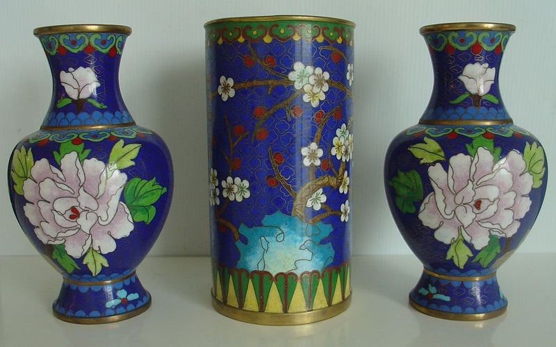 Three Impressive Cloisonne Style Brass Vases Carousel 1
