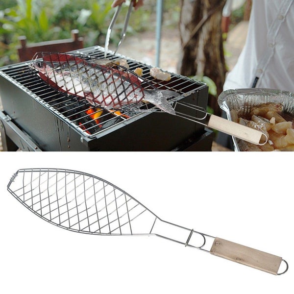 Fish Grill Camping Grill Rack Single Meat Fish Vegetable BBQ Tool Wooden Handle Carousel 1