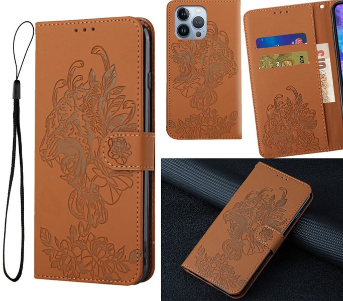 Iphone 15 pro max embossed PU leather wallet case floral & tiger brown Carousel 1