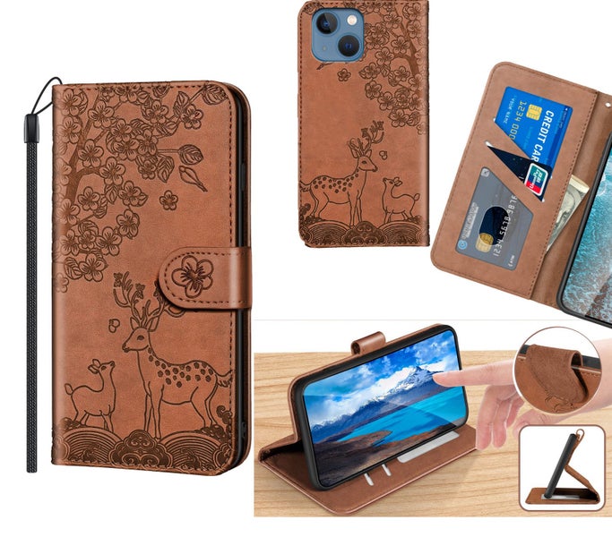 Iphone 14 plus embossed PU leather wallet case deer brown Carousel 1