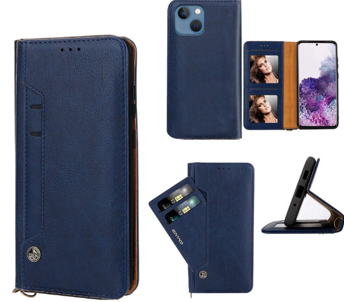 Iphone 15 plus leather wallet case front pocket 6 cards navy Carousel 1
