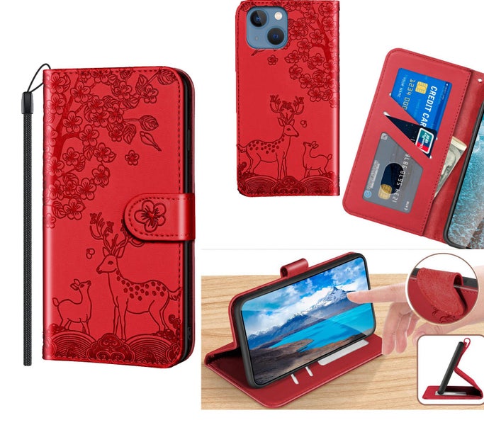 Iphone 13 mini 5.4" embossed PU leather wallet case deer red Carousel 1