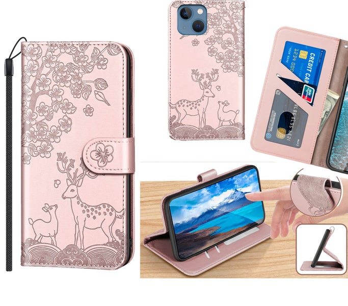 Iphone 13 mini 5.4" embossed PU leather wallet case deer rose gold Carousel 1