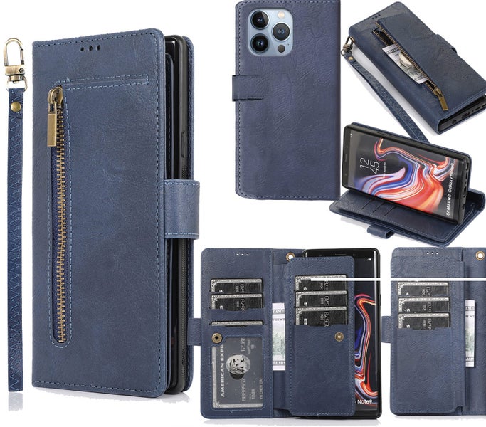 Iphone 13 pro 6.1" all in one PU leather wallet case front zip lanyard navy Carousel 1
