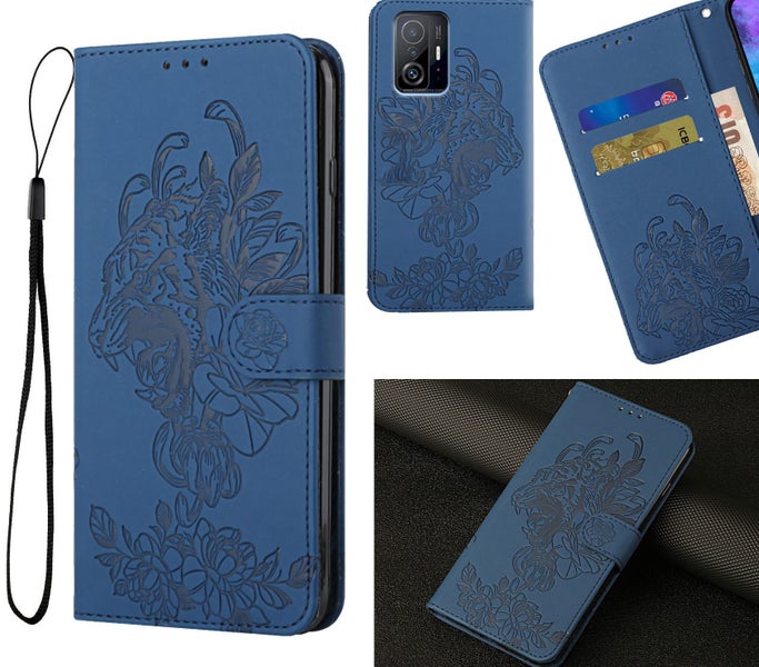 Xiaomi Mi 11T pro 5g embossed PU leather wallet case floral & tiger navy Carousel 1