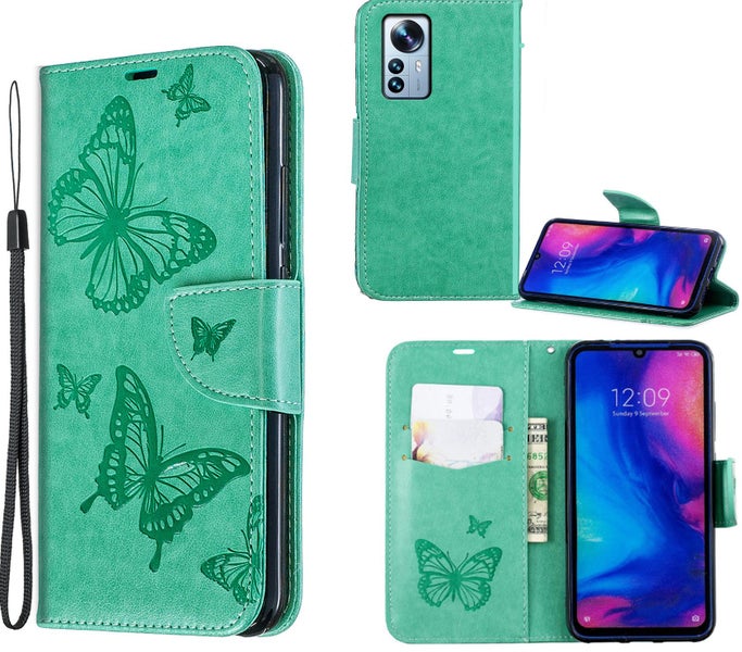 Xiaomi Mi 12X PU leather wallet case embossed twin butterfly pattern green Carousel 1