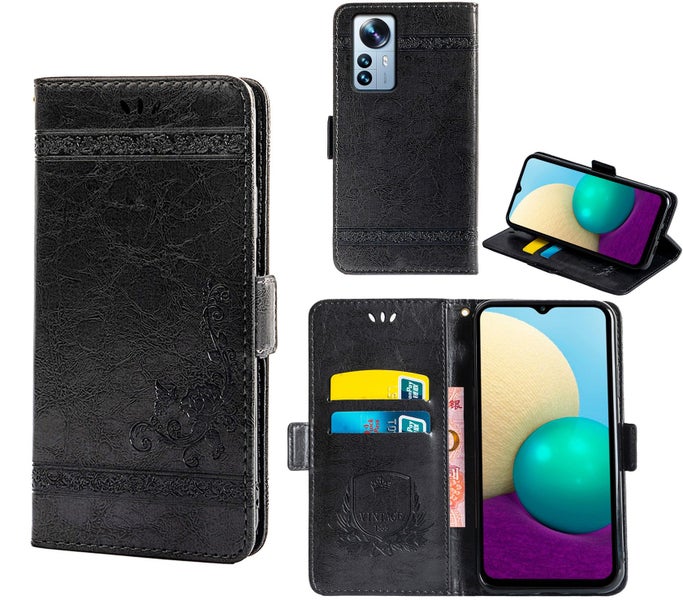 Xiaomi Mi 12 pro top grain finish wallet case embossed side magnet black Carousel 1