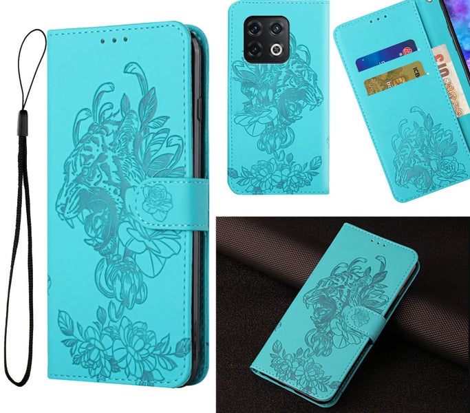 Oneplus 10 pro 5g embossed PU leather wallet case floral & tiger turquoise Carousel 1