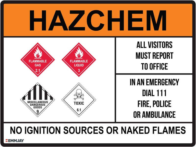 845 EMMJAY- HAZCHEM No Ignition Sources or Naked Flames mod Sign 225 x 300mm Carousel 1