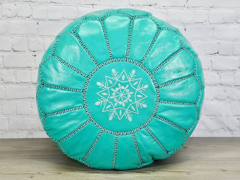 Quality Moroccan Leather Pouf Ottoman Footstool Turquoise - FREE DELIVERY Carousel 2