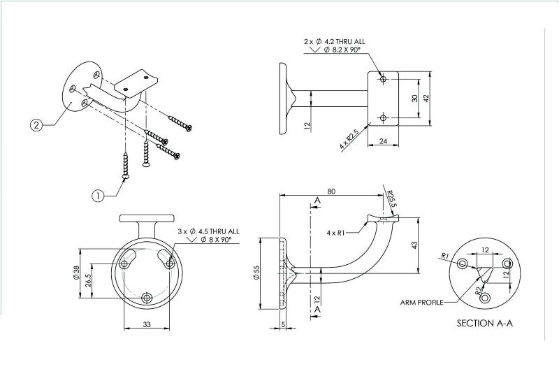 Emro Stair Hand Rail 444 Bracket Extended Conventional 80mm Carousel 2