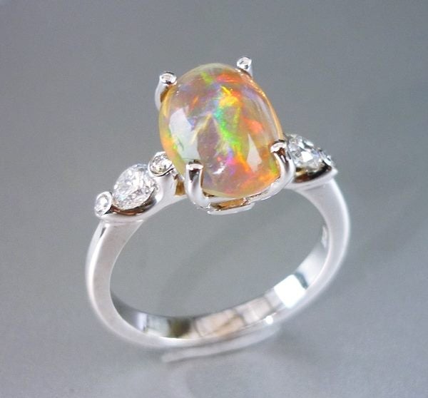 2.10CT CERTIFIED BEAUTIFUL NATURAL OPAL 0.34CT DIAMOND 18K SOLID WHITE GOLD RING Carousel 1