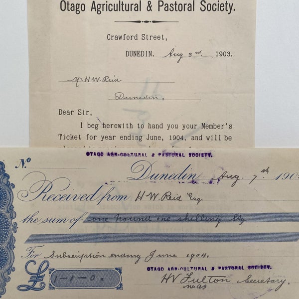 ANTIQUE LETTER / RECEIPT: Otago Agricultural & Pastoral Society 1903 (119 yo) Carousel 1