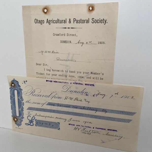 ANTIQUE LETTER / RECEIPT: Otago Agricultural & Pastoral Society 1903 (119 yo) Carousel 2