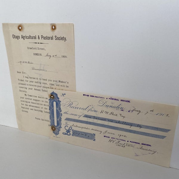 ANTIQUE LETTER / RECEIPT: Otago Agricultural & Pastoral Society 1903 (119 yo) Carousel 3