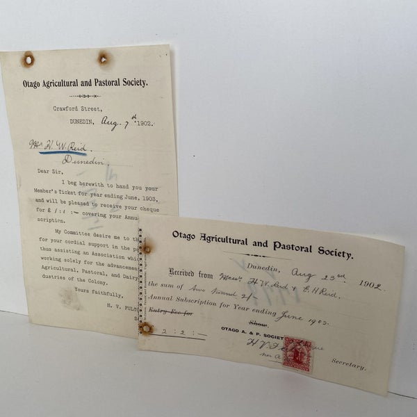 ANTIQUE LETTER / RECEIPT: Otago Agricultural & Pastoral Society 1902 (120 yo) Carousel 2