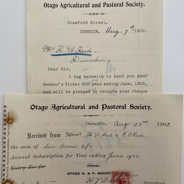 ANTIQUE LETTER / RECEIPT: Otago Agricultural & Pastoral Society 1902 (120 yo) Carousel 1