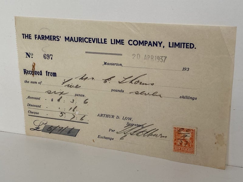 OLD INVOICE / RECEIPT: The Farmers Mauriceville Lime Company, Masterton 1937 Carousel 2