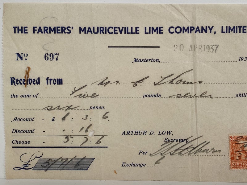 OLD INVOICE / RECEIPT: The Farmers Mauriceville Lime Company, Masterton 1937 Carousel 1