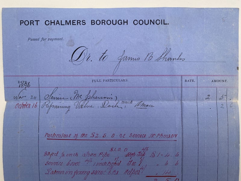 ANTIQUE INVOICE / RECEIPT: Port Chalmers Borough Council 1896 (126 yo) Carousel 1
