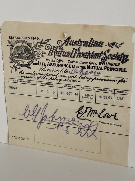 ANTIQUE INVOICE / RECEIPT: Australasian Mutual Provident Society 1914 (108 yo) Carousel 2