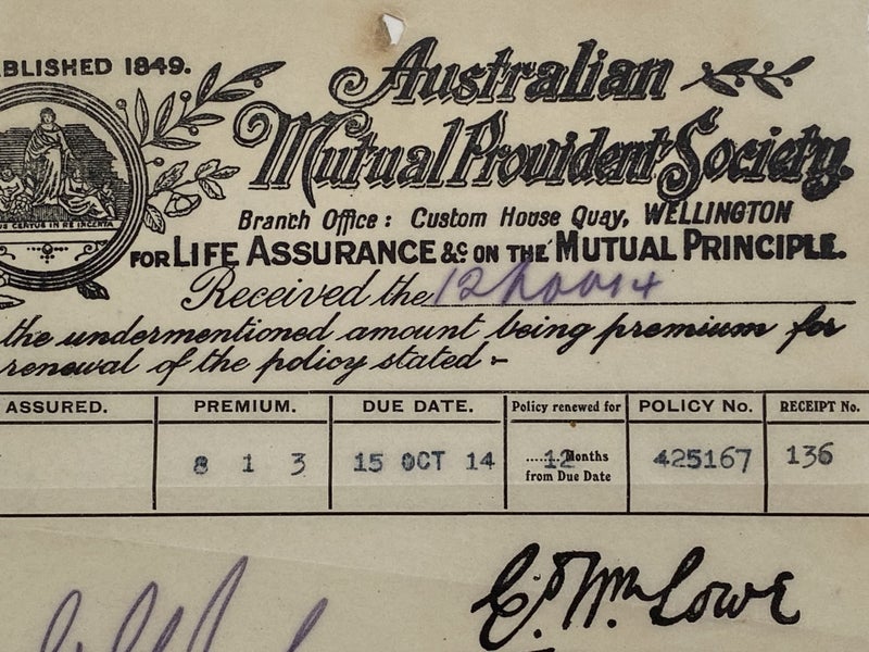 ANTIQUE INVOICE / RECEIPT: Australasian Mutual Provident Society 1914 (108 yo) Carousel 1