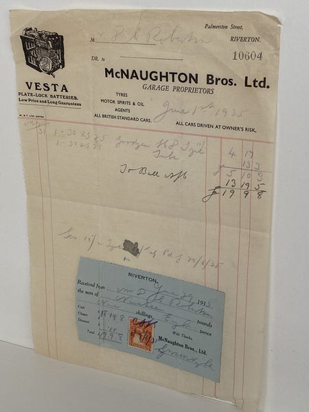 OLD INVOICE / RECEIPT: McNaughton Bros. Ltd, Riverton 1933 (87 yo) Carousel 2