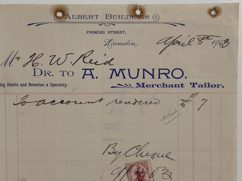 ANTIQUE INVOICE / RECEIPT: A . Munro, Dunedin 1903 (119 yo) Carousel 1