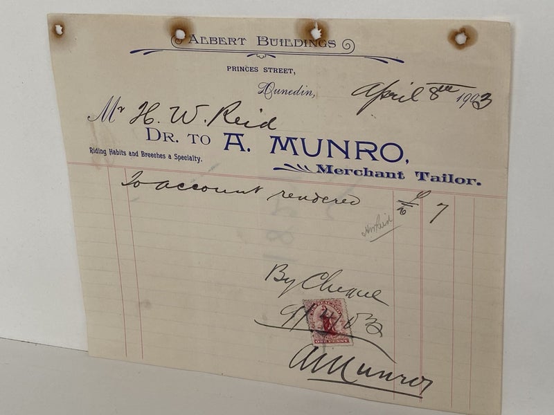 ANTIQUE INVOICE / RECEIPT: A . Munro, Dunedin 1903 (119 yo) Carousel 2