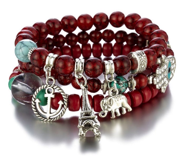 Red Fashionable Style Multi-layer Stretch Glass Bead Bracelet Carousel 1
