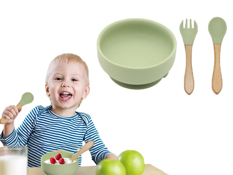 Silicone Suction Bowl with Spoon Fork Olive Green Carousel 1