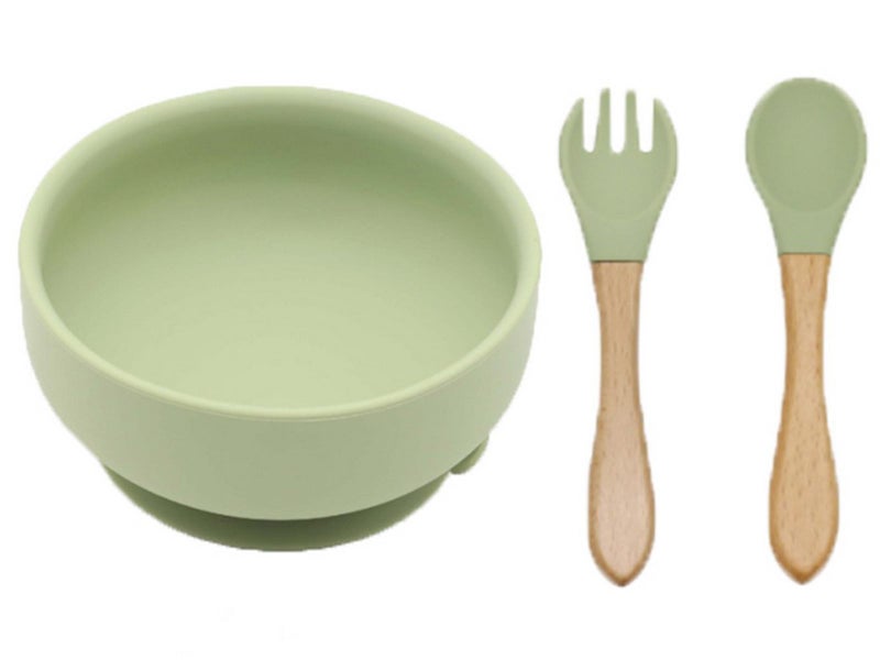 Silicone Suction Bowl with Spoon Fork Olive Green Carousel 2