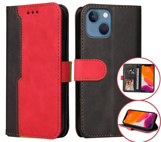 Iphone 15 suede wallet case collage style red Carousel 1