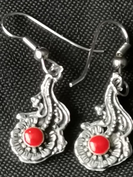 Sterling silver drop hook earrings 40mm x 12 red middle filigree Carousel 2