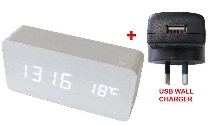 White Led Wood Grain 3 Alarm Clock Temp Display + Usb Wall Charger White 6035 Carousel 1