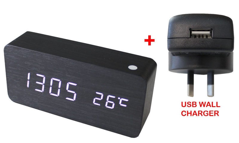 White Led Wooden 3 Alarm Clock Temp Display + Usb Wall Charger Wood Black 6035 Carousel 1