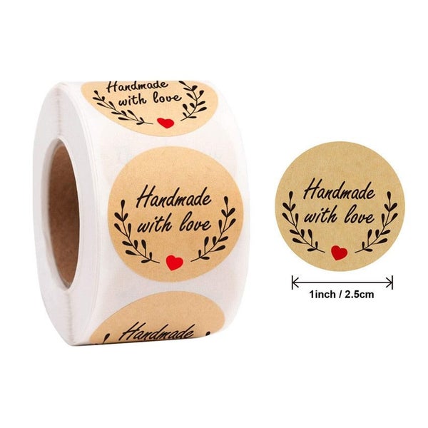 25mm Round "Handmade With Love" Kraft Paper Stickers Adhesive Labels Baki CHK177 Carousel 1