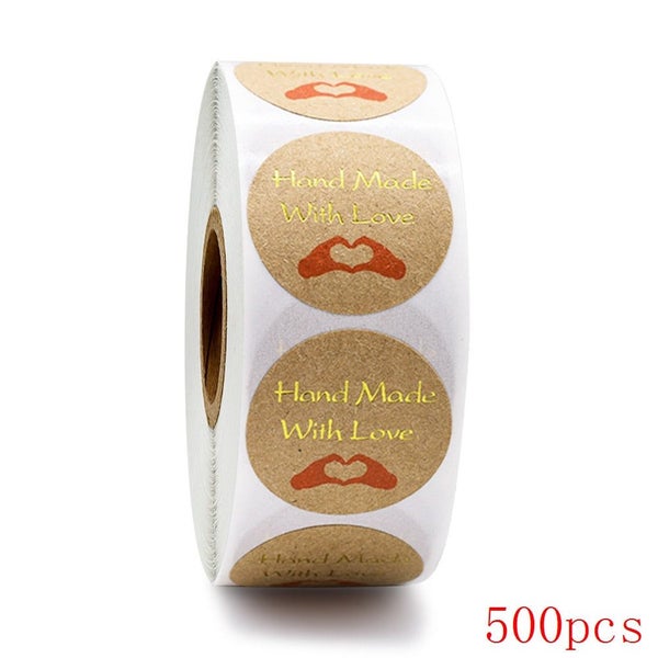 100-500pcs Handmade With Love Kraft Paper Stickers 25mm Round Adhesive La CHK177 Carousel 1