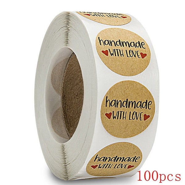 100-500pcs Handmade With Love Kraft Paper Stickers 25mm Round Adhesive La CHK177 Carousel 11