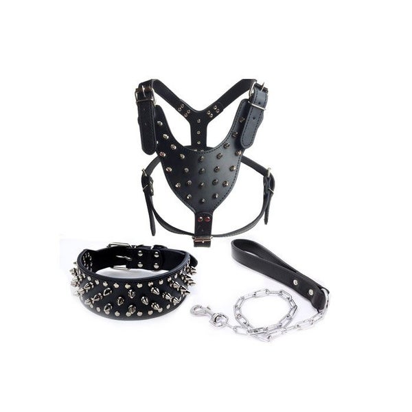 Pet Leash Collar Harness Three-piece Set Anti-bite Rivets -Black Carousel 1