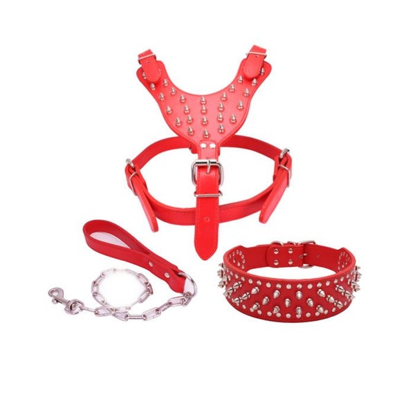 Pet Leash Collar Harness Three-piece Set Anti-bite Rivets -Red Carousel 1