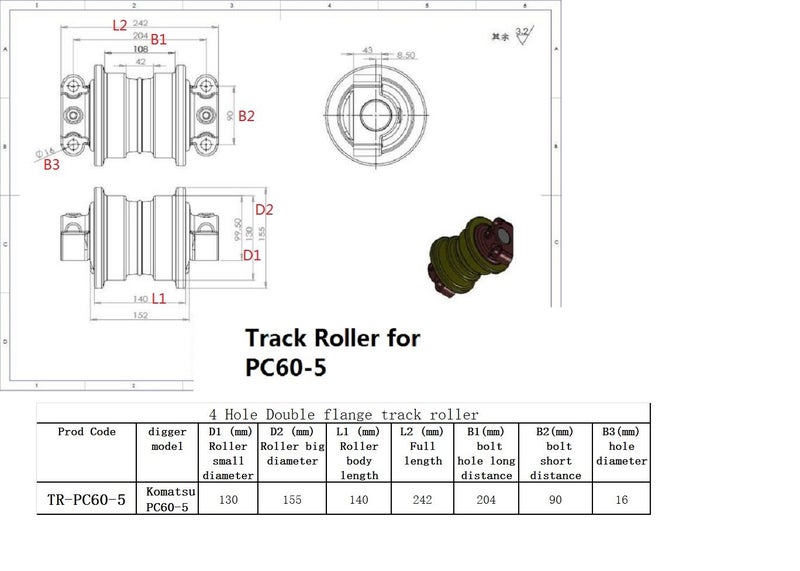 Track Roller for Komatsu PC60-5 / PC60-6 Double Flange part no: 201-30-00062 Carousel 2