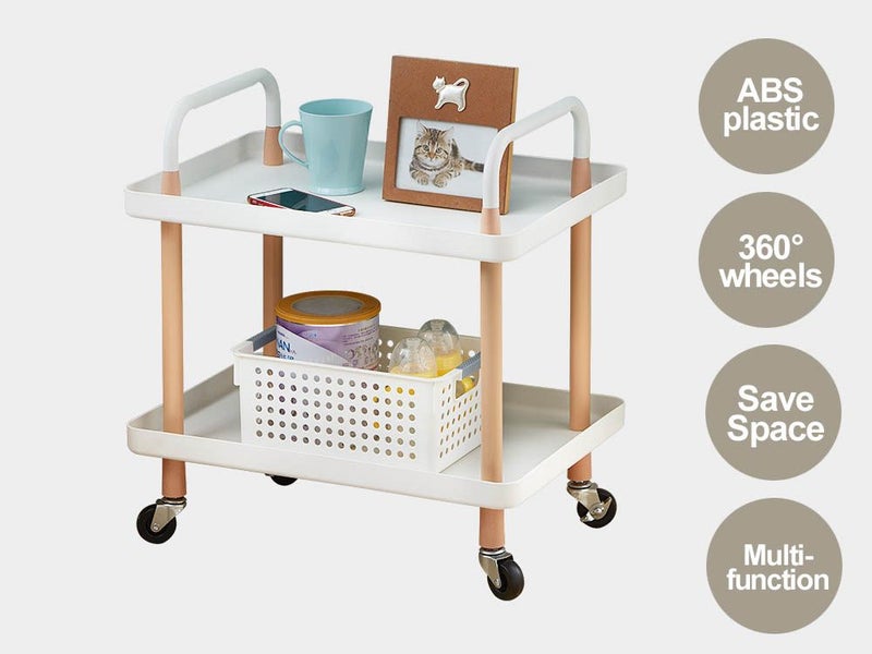 2 Tiers Utility Rolling Cart Multi-Function Storage Rack -White Carousel 2