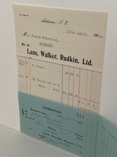 OLD INVOICE / RECEIPT: Lane, Walker, Rudkin Ltd, Ashburton 1934 Carousel 2
