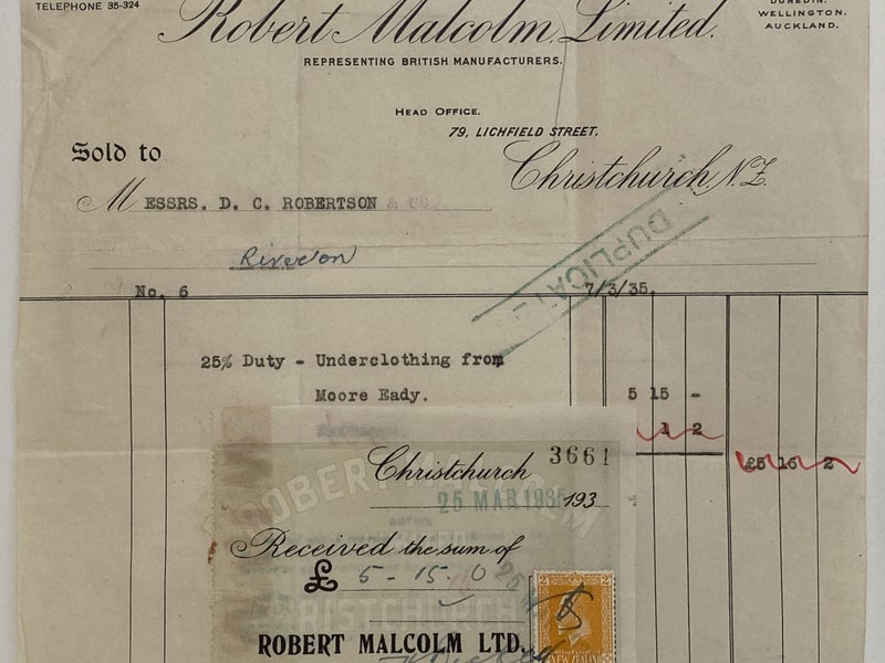OLD INVOICE / RECEIPT: Robert Malcolm Ltd - Agents, Christchurch 1935 Carousel 1