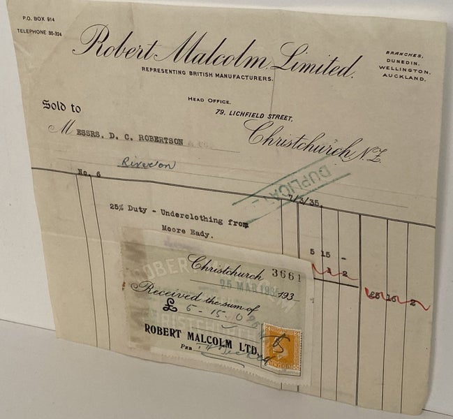 OLD INVOICE / RECEIPT: Robert Malcolm Ltd - Agents, Christchurch 1935 Carousel 2