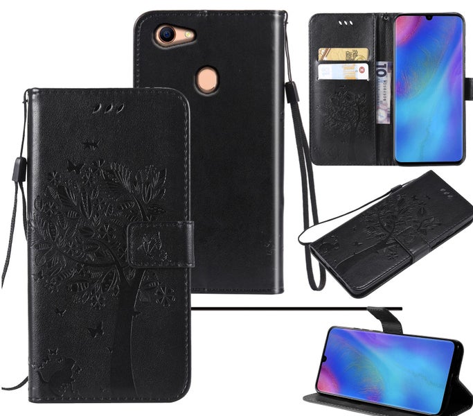 Oppo A75 Pu Leather Wallet Case Embossed Cat & Tree(Black) Carousel 1