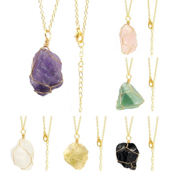 Boho Crystal Quartz Healing Point Chakra Gemstone Natural Stone Pendant Necklace Carousel 1
