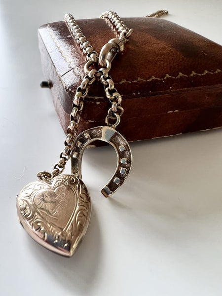 Antique Vintage 9k Yellow Gold Heart Locket & Horseshoe Pendant Charm Necklace Carousel 1