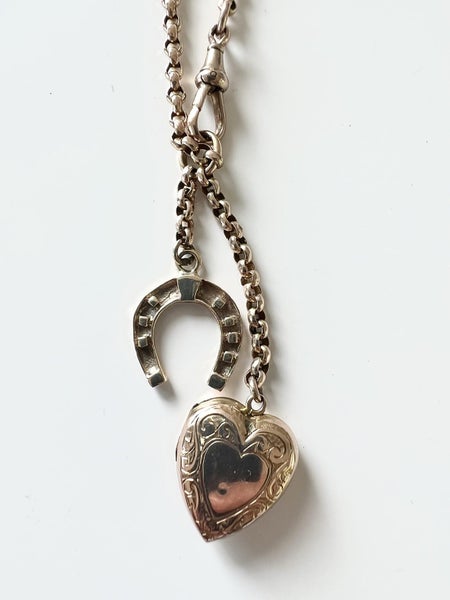 Antique Vintage 9k Yellow Gold Heart Locket & Horseshoe Pendant Charm Necklace Carousel 2